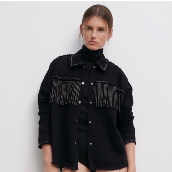 Zara Rhinestone Fringe Black Denim Jacket Jean Western Country Rodeo Jewel Small - Picture 1 of 9